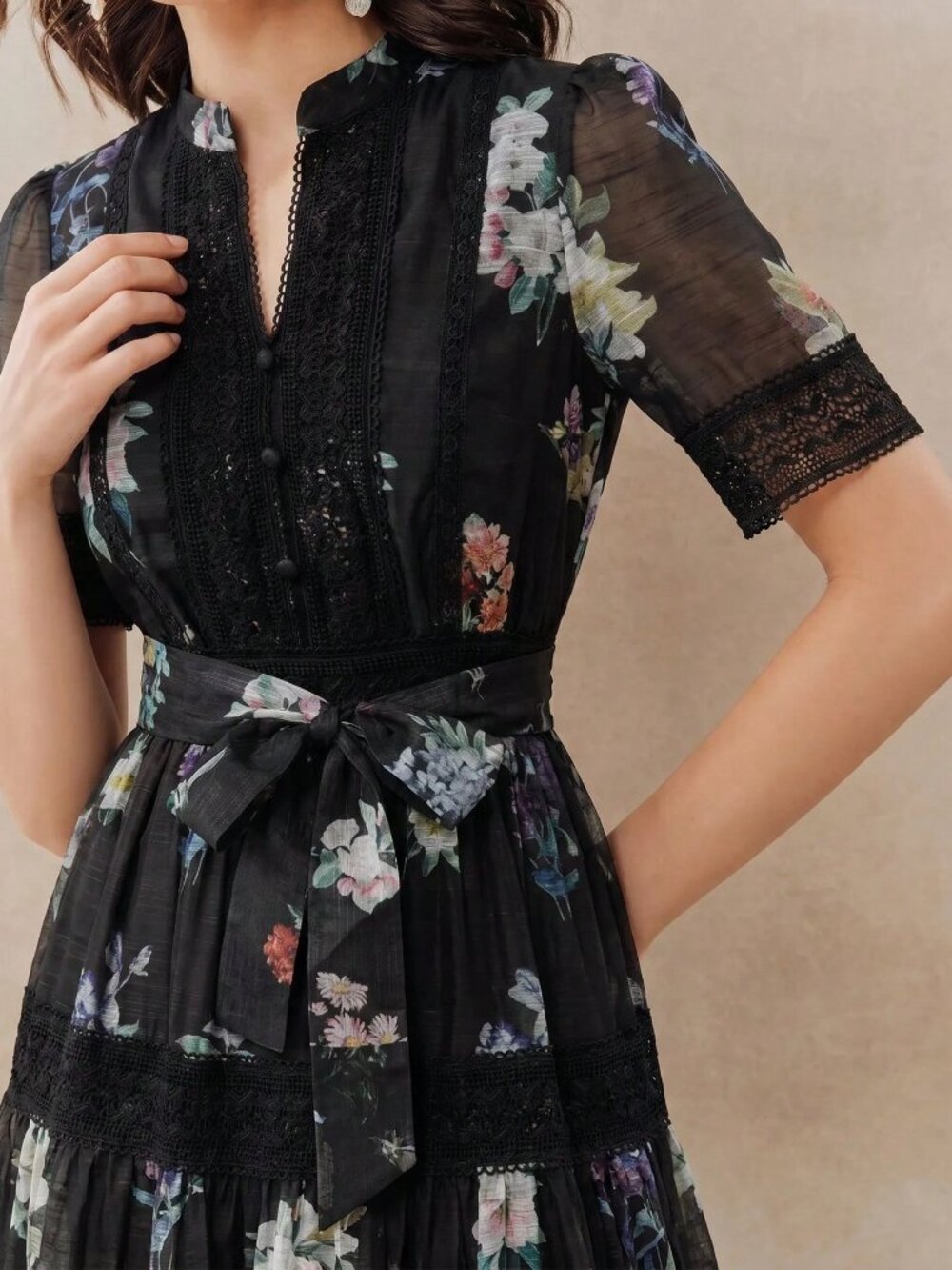 Black Boho Women's Floral Pattern Patchwork Lace Trim Dress - Picture 7 of 8